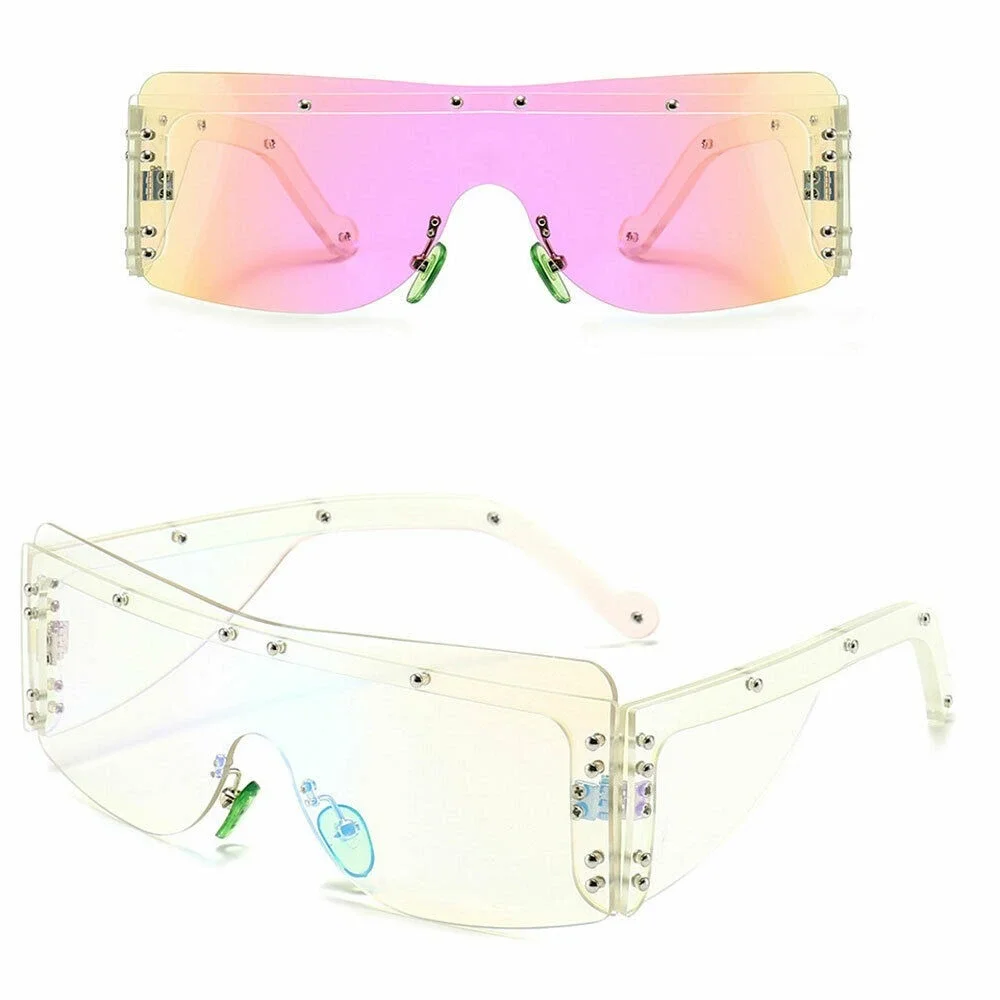 Shield Sunglasses Mirrored Lens Rivets Accents Fashion Trendy Men Women‎ Gafas